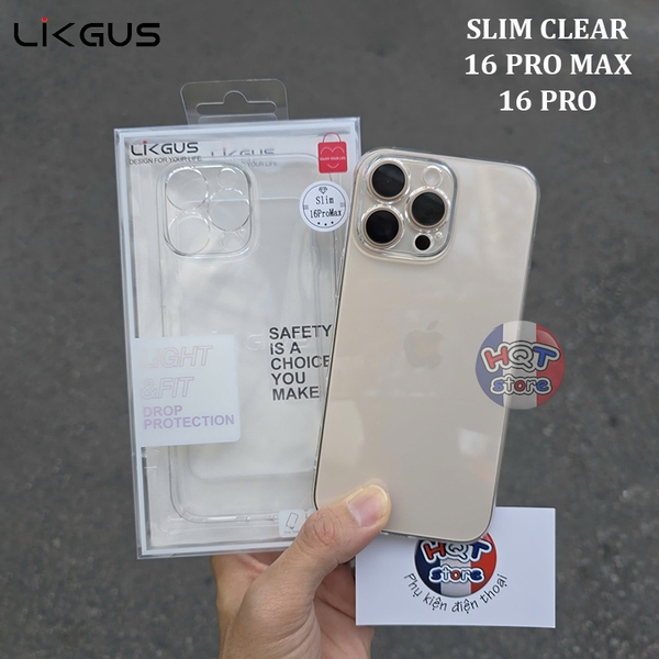 Ốp lưng cứng mỏng trong suốt Likgus Slim Clear iPhone 16 Pro Max 16Pro