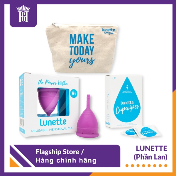 Combo Cốc nguyệt san Lunette - Hàng chính hãng + Hộp Giấy Lau Tiệt Trùng Cốc + Túi chống nước