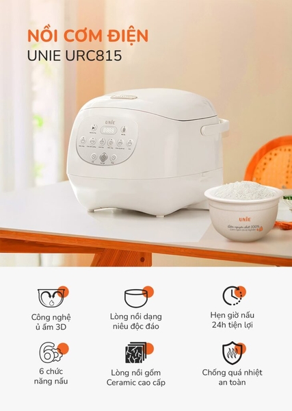 Nồi cơm điện lòng gốm tự nhiên UNIE URC815 nấu cơm cháy giòn tan, dung tích 1,5L, hẹn giờ nấu 24 tiếng