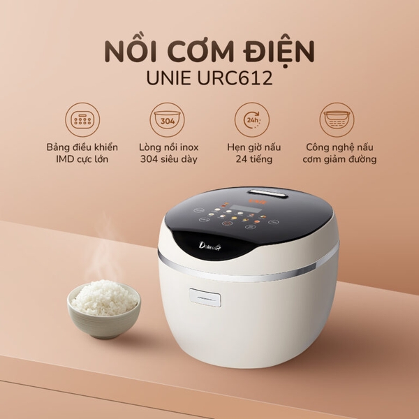 Nồi cơm điện tử UNIE URC612 , nấu cơm giảm đường, lòng nồi inox, dung tích 1,2L