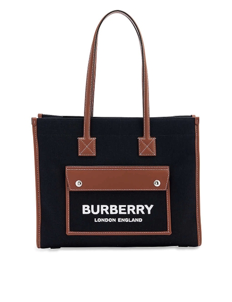 TÚI BURBERRY Freya small brand-embroidered canvas and leather tote bag