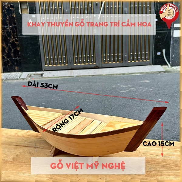 Thuyền gỗ cắm hoa - Thuyền gỗ cắm hoa Lan Hồ Điệp - Thuyền gỗ trang trí món ăn - Dài 53cm