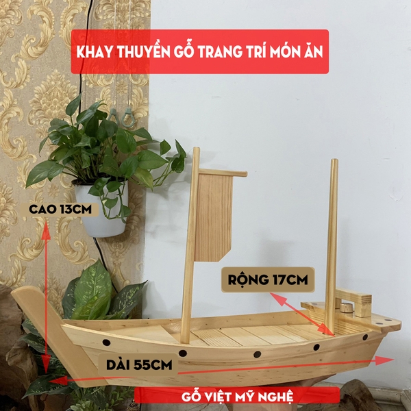 [Dài 55cm - 2 cột buồm] Khay gỗ đựng sushi - khay gỗ thuyền đựng sashimi thuyền gỗ sushi - Gỗ thông