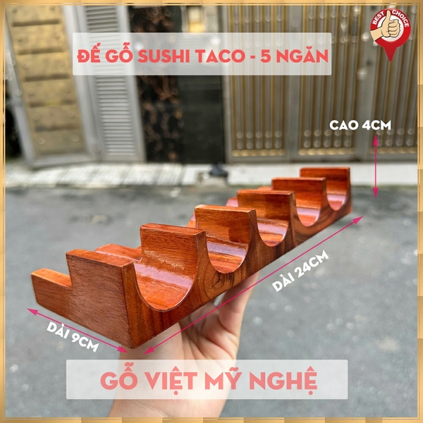 Khay đế gỗ trưng bày Sushi Taco - 5 ngăn - trang trí món ăn Sushi Nhật Bản - Gỗ tự nhiên