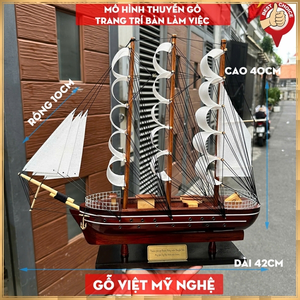 [Dài 42cm] Mô hình thuyền gỗ trang trí nhà cửa - quà tặng thuyền gỗ phong thủy thuận buồm xuôi gió