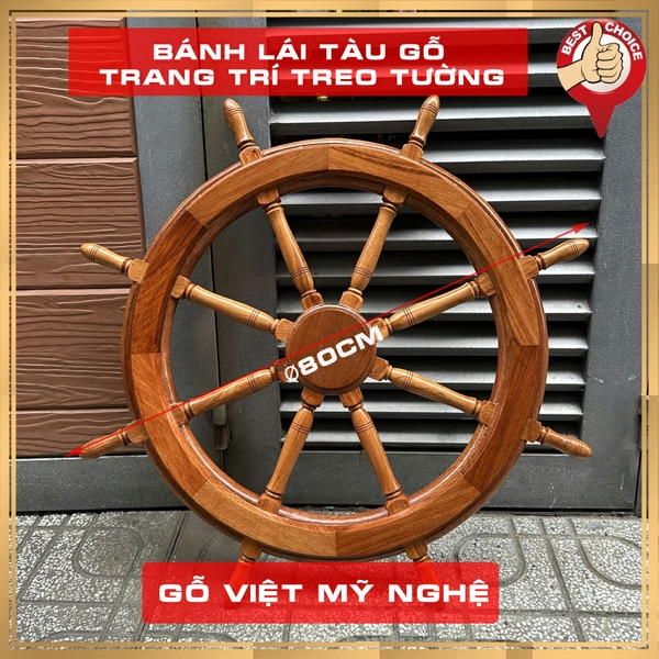 Vô Lăng Tàu Gỗ Trang Trí Ø80cm - Bánh lái tàu gỗ treo tường Ø80cm - Gỗ căm xe