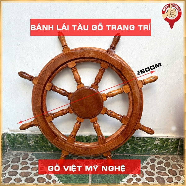 Vô Lăng Tàu Gỗ Trang Trí Ø60cm - Bánh lái tàu gỗ treo tường Ø60cm - Gỗ căm xe