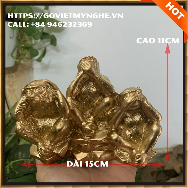 Tượng đá Bộ ba khỉ tam không - Cao 11cm - Màu nhũ đồng