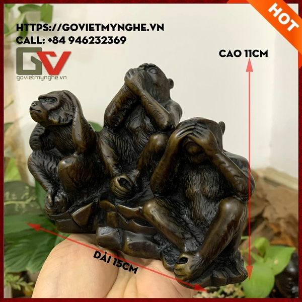 Tượng đá Bộ ba khỉ tam không - Cao 11cm - Màu nâu đen