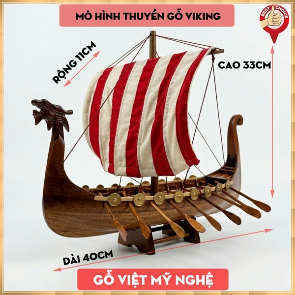 Mô hình gỗ tàu chiến cổ Drakkar Viking - Chiều dài 40cm - Gỗ Tự Nhiên