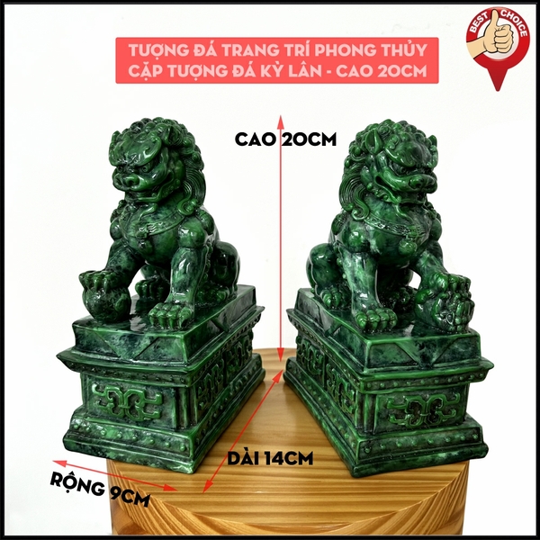 Tượng đá trang trí phong thủy Cặp 2 tượng Kỳ Lân trang trí phong thủy - Chiều Cao 20cm - Màu xanh lục bích