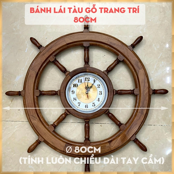 Đồng Hồ Vô Lăng Tàu Gỗ Trang Trí Ø80cm - Bánh lái tàu gỗ treo tường Ø80cm - Gỗ căm xe