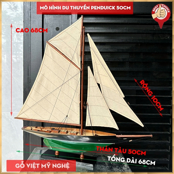 Mô hình thuyền gỗ trang trí du thuyền gỗ Penduick - Sơn màu Xanh lá/Đen - Dài 68cm