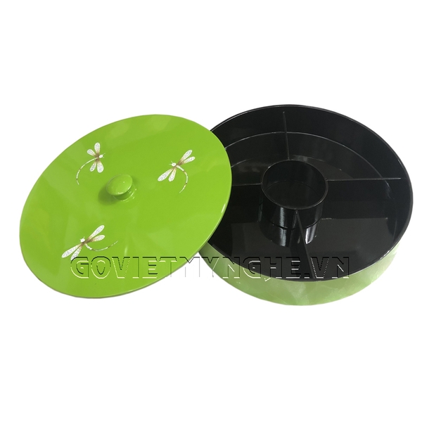 Hộp Mứt Sơn Mài Tròn Φ30cm - Cẩn Chuồn Chuồn & nền xanh lá