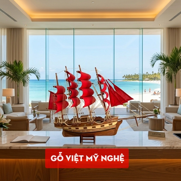 [Dài 55cm] Mô hình tàu thuyền gỗ trang trí phong thủy - France II của Pháp - Thân tàu dài 40cm - Màu Đỏ