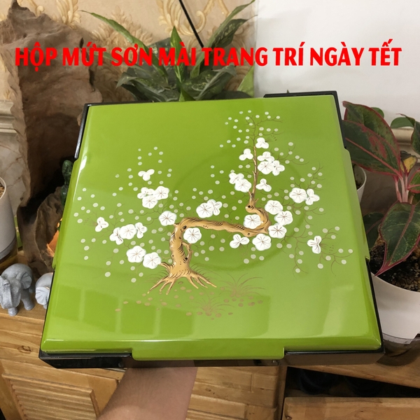 Hộp mứt Tết sơn mài vẽ hoa mai nền xanh lá - khay đựng mứt sơn mài - Hình vuông 30x30cm - Thủ công mỹ nghệ Việt Nam