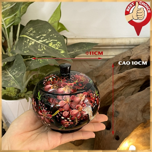 Hũ sơn mài đựng kẹo - hũ sơn mài trang trí hình tròn Φ11cm hoa văn vẽ tay - Nền đen vẽ hoa đỏ