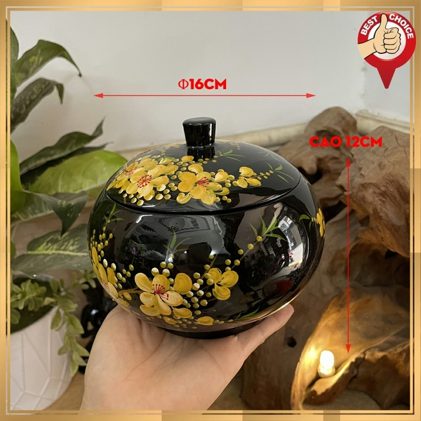 Hũ sơn mài đựng bánh kẹo mứt ngày Tết - hũ sơn mài trang trí hình tròn Φ16cm hoa văn vẽ tay - Nền đen vẽ hoa vàng