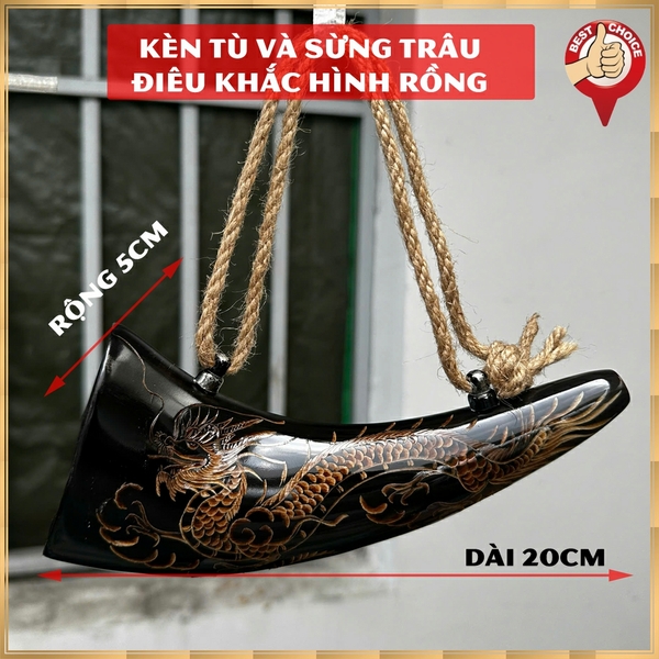 Kèn tù và sừng trâu đen - sừng trâu điêu khắc hình Rồng - Dài 20cm