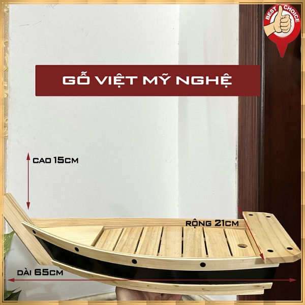 [Dài 65cm - Sơn đen] Khay thuyền gỗ đựng sushi - khay gỗ thuyền đựng sashimi thuyền gỗ sushi - Gỗ thông