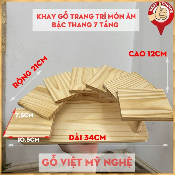 Khay gỗ bậc thang trang trí món ăn Sushi - Set nướng BBQ - Dạng 7 tầng - Gỗ tự nhiên