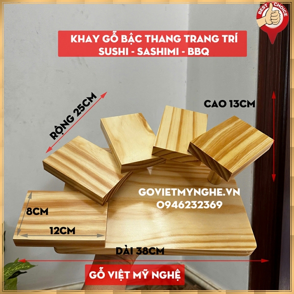 Khay gỗ trang trí món ăn Sushi - Sashimi - BBQ hình bậc thang 5 tầng - Cỡ lớn