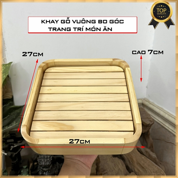 [27cm x 27cm] Khay gỗ trang trí món ăn - Khay gỗ vuông bo góc - Khay trang trí sushi sashimi cho nhà hàng Nhật - Gỗ Thông- Chuẩn xuất khẩu