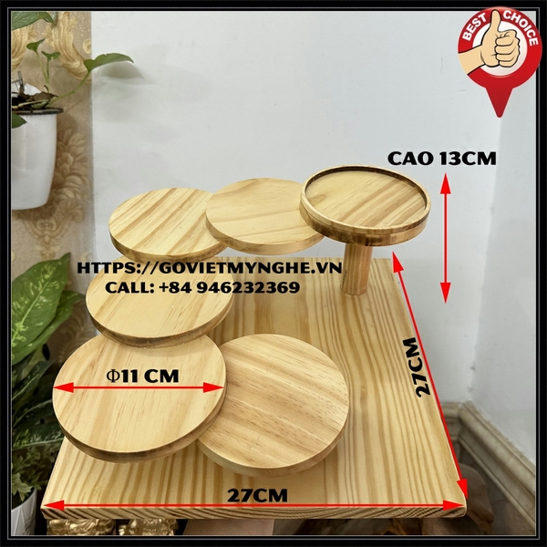 Khay gỗ trang trí món ăn Sushi Nhật Bản hình bậc thang 6 tầng- Hình tròn - Đế gỗ vuông - Hàng chuẩn Nhật