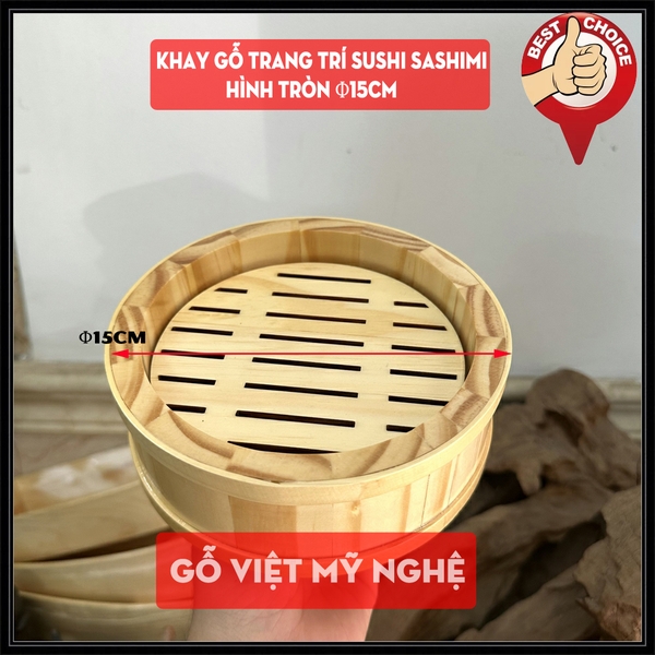 Khay gỗ trang trí sushi sashimi khay gỗ trang trí món ăn Nhật Bản - Hình tròn Φ15cm - Gỗ thông