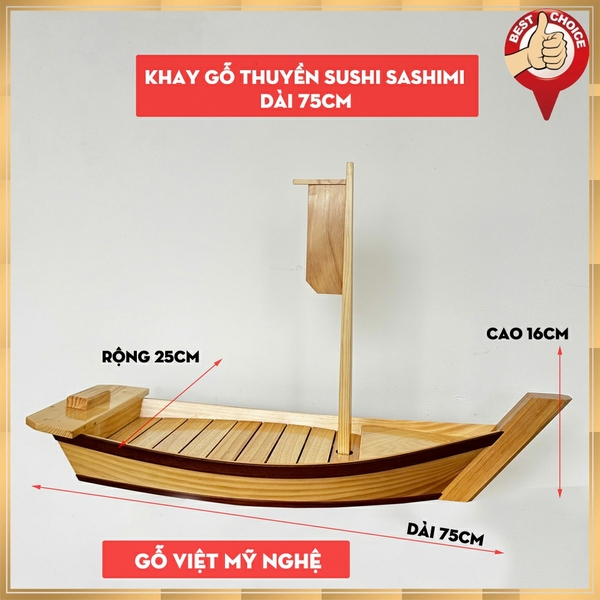 [Dài 75cm - 1 cột buồm] Khay gỗ đựng sushi - khay gỗ thuyền đựng sashimi thuyền gỗ sushi - Gỗ thông