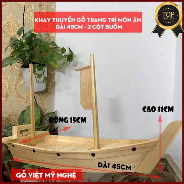 [Dài 45cm - 2 cột buồm] Khay gỗ đựng sushi - khay gỗ thuyền đựng sashimi thuyền gỗ sushi - Gỗ thông