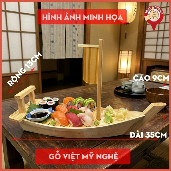 [Dài 35cm] Khay gỗ thuyền gỗ trang trí sushi - khay thuyền gỗ sashimi - Gỗ tự nhiên