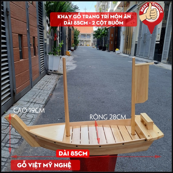 [Dài 85cm - 2 cột buồm] Khay gỗ đựng sushi - khay gỗ thuyền đựng sashimi thuyền gỗ sushi - Gỗ thông