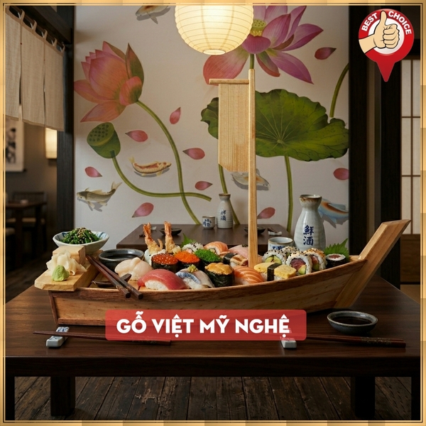 [Dài 45cm, 55cm, 65cm, 75cm - 1 cột buồm] Khay thuyền gỗ đựng sushi - khay gỗ thuyền đựng sashimi thuyền gỗ sushi - Gỗ thông