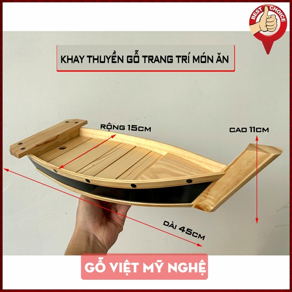 [Dài 45cm - 55cm - 65cm sơn đen] Khay thuyền gỗ trang trí sushi - sashimi - hải sản - thuyền gỗ trang trí món ăn chuyên dụng
