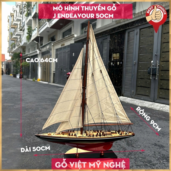 Mô hình thuyền gỗ trang trí du thuyền gỗ J Endeavour - Chiều dài 50cm - màu sơn đỏ/đen