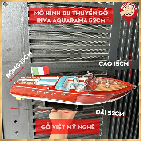 Mô hình du thuyền gỗ Riva Aquarama - Dài 52cm - Gỗ sơn màu - Nệm trắng/xanh