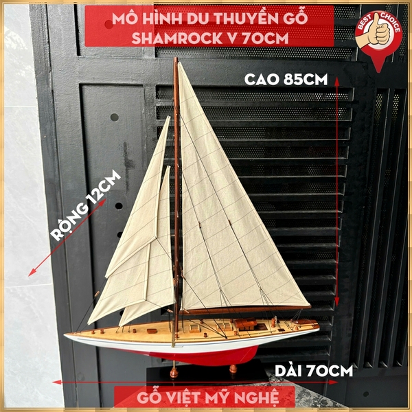Mô hình thuyền gỗ trang trí du thuyền gỗ Shamrock V - Sơn màu Đỏ/Trắng - Dài 70cm