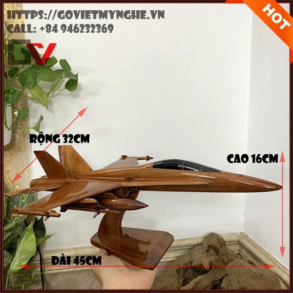 Mô hình máy bay gỗ chiến đấu  F18 Hornet của Mỹ - Hàng thủ công mỹ nghệ Việt nam xuất khẩu - Dài 45cm - Gỗ tự nhiên