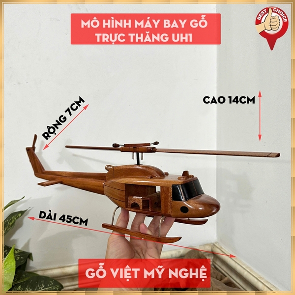 Mô hình gỗ máy bay trực thăng Bell UH-1 - Gỗ tự nhiên - Dài 45cm