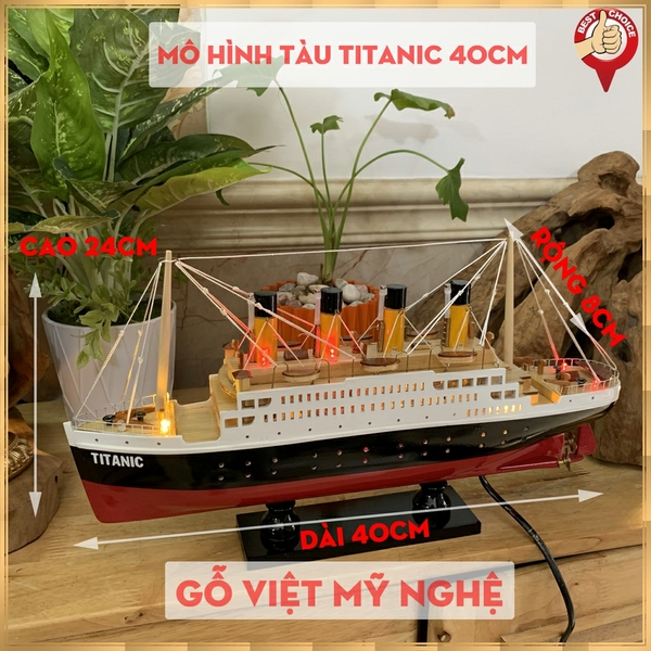 Mô hình tàu Titanic trang trí nhà cửa - mô hình gỗ RMS Titanic - Dài 40cm - Đèn led điện