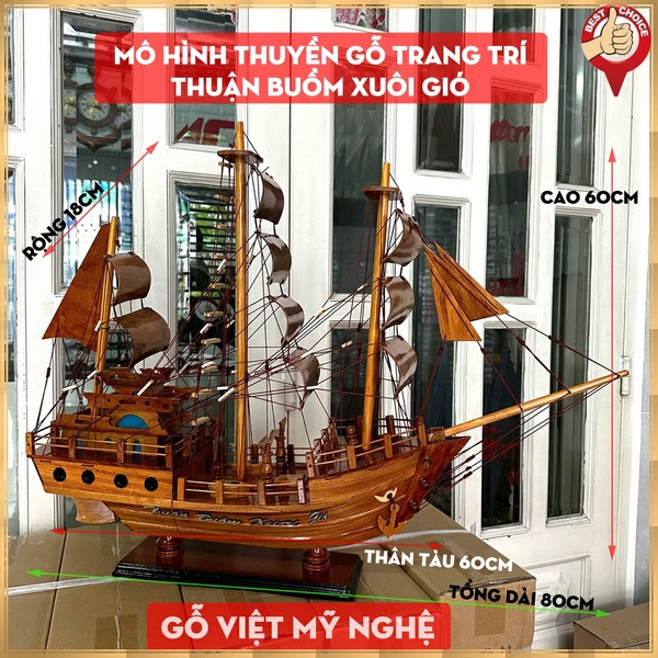 [Dài 80cm] Mô hình thuyền gỗ trang trí thuyền chở hàng - thuyền buôn Thái Lan - Thân tàu 60cm - Gỗ Hương