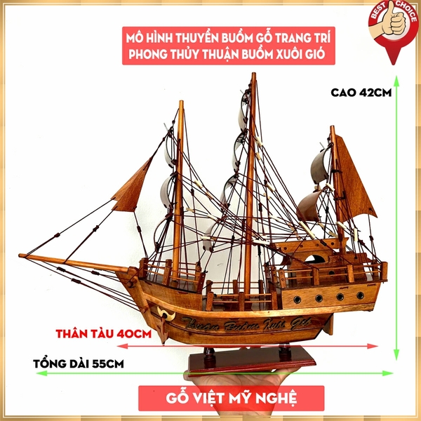 Mô hình gỗ thuyền chở hàng/thuyền buôn trang trí Thuận Buồm Xuôi Gió- Thân 40cm - Gỗ Tràm