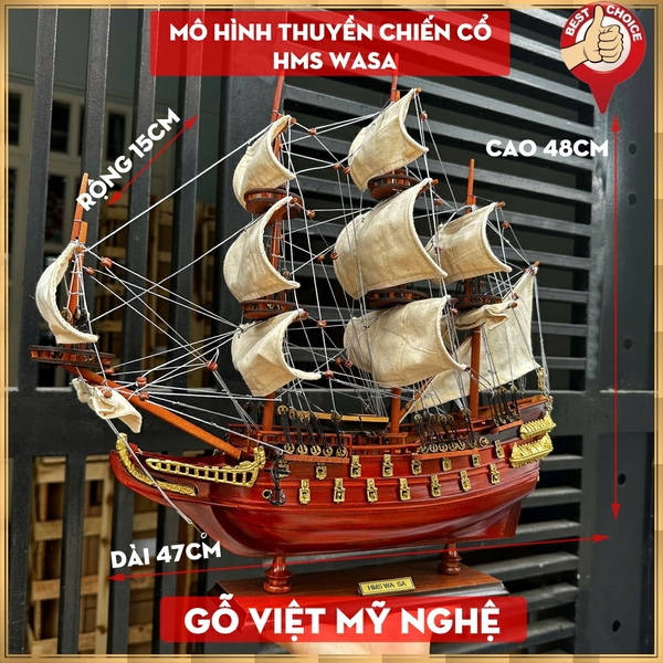 Mô hình thuyền chiến cổ trang trí nhà cửa - thuyền HMS Wasa - Dài 47cm - Gỗ tự nhiên