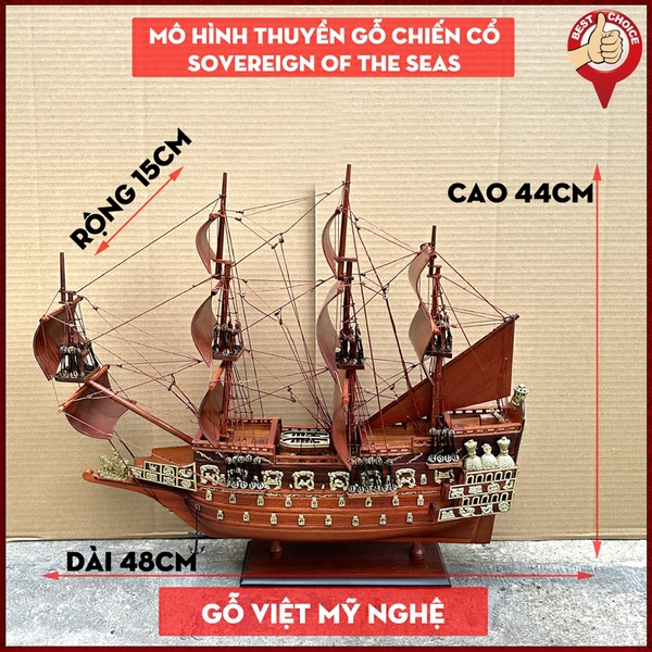 [Dài 48cm - Buồm gỗ] Mô hình thuyền gỗ thuyền trang trí tàu chiến cổ Sovereign of the seas - Gỗ căm xe