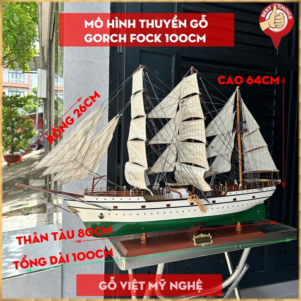 Mô hình thuyền gỗ Gorch Fock của Đức - Quà tặng tân gia sang trọng - Dài 100cm - Gỗ sơn màu