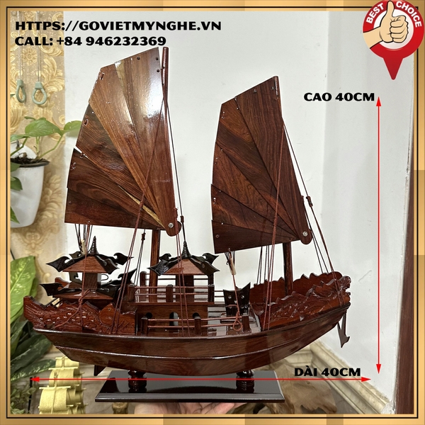 Mô hình tàu thuyền gỗ trang trí tàu Hạ Long Rồng - Dài 40cm - Gỗ Cẩm Lai - Buồm gỗ