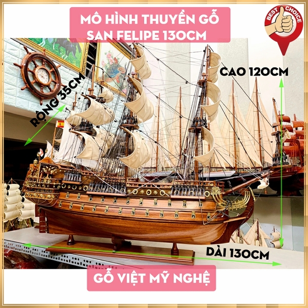 [Dài 130cm] Mô hình thuyền gỗ thuyền trang trí tàu chiến cổ San Felipe - Gỗ căm xe