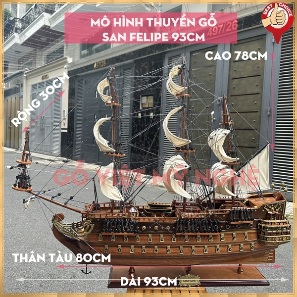 Mô hình thuyền gỗ chiến cổ San Felipe của Tây Ban Nha - Chiều dài 93cm - Gỗ Tự Nhiên