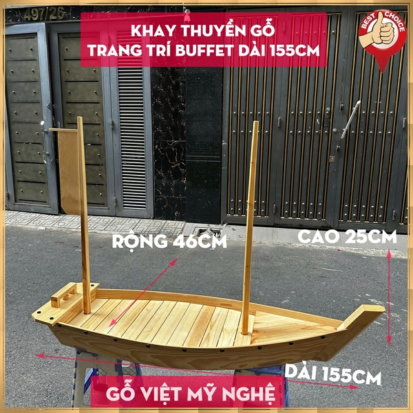 [Dài 155cm] Khay thuyền gỗ trang trí sushi - sashimi khay thuyền gỗ chuyên dụng trang trí buffet - Gỗ thông